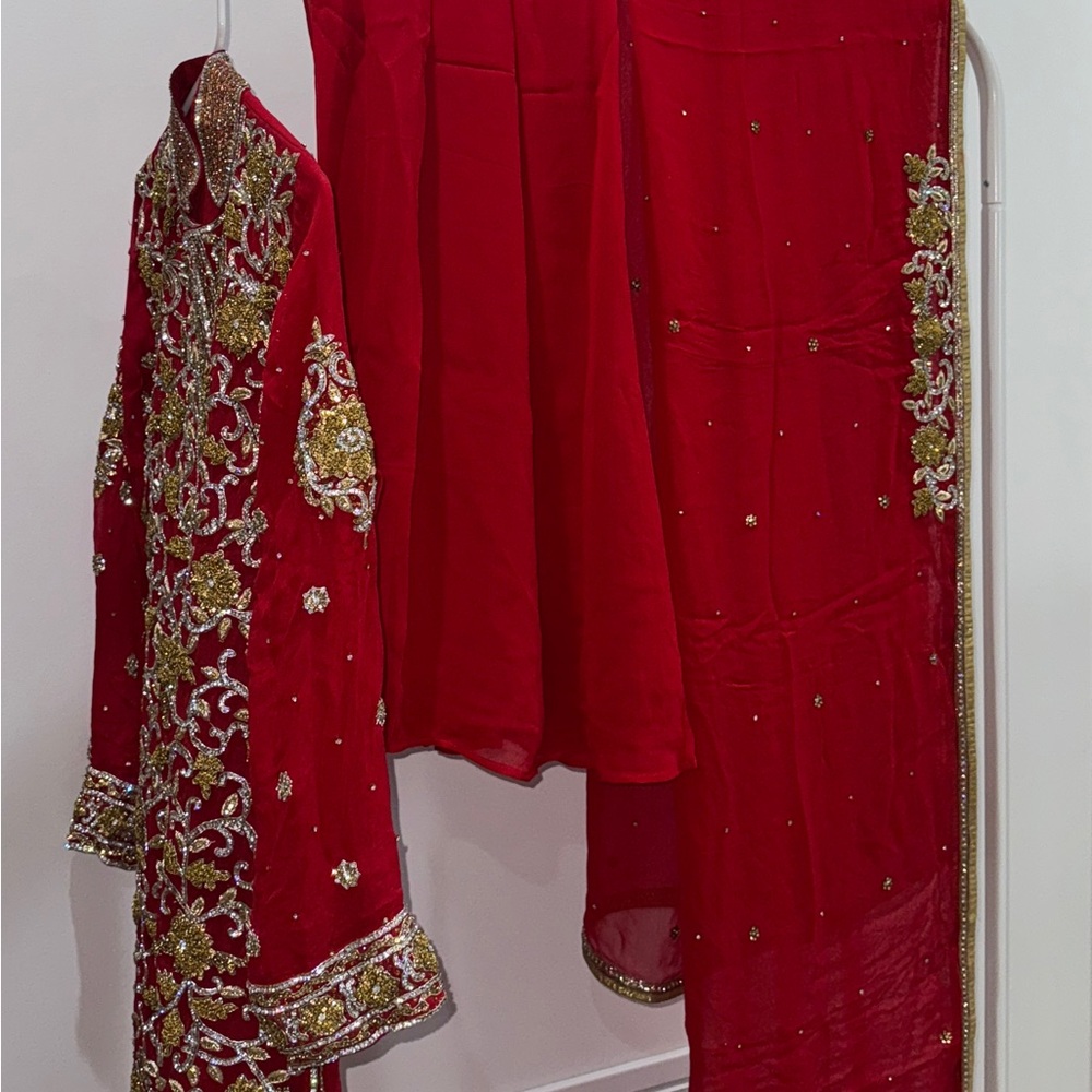 Red Embroidered Desi Outfit - Picture 3 of 6